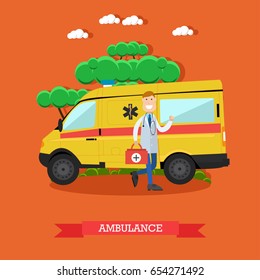 Vector illustration of ambulance car and doctor paramedic male with emergency bag standing next to it. Flat style design.