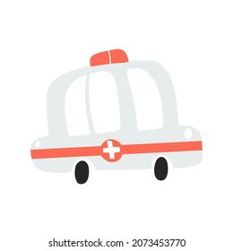 Vector illustration of ambulance car isolated on white background in cartoon hand drawn style. Childish transport icon for nursery, baby apparel, textile and product design, wallpaper, wrapping paper
