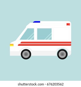 Vector illustration ambulance car isolated  on blue background. White car with red stripes, cross and siren. Emergency medical service vehicle. Hospital transport. 