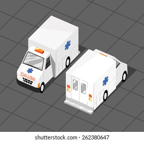 Vector illustration of ambulance car. Isometric view of transport. Can be used as icon for games and mobile apps. 
