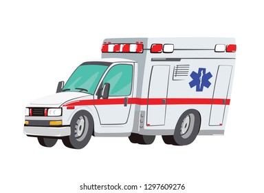 Vector illustration ambulance car on white background. Ambulance auto paramedic emergency. Ambulance vehicle medical evacuation. Cartoon ambulance silhouette on blue