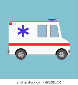Vector illustration ambulance car on blue background. Ambulance auto paramedic emergency. Medical evacuation. Cartoon silhouette on blue