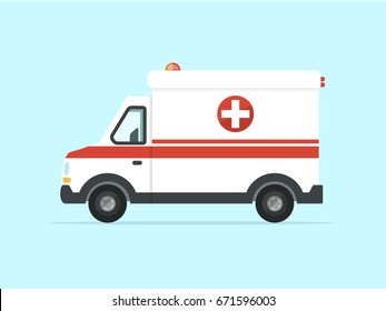 Vector Illustration of Ambulance Car on Blue Background. Flat Design Style. 