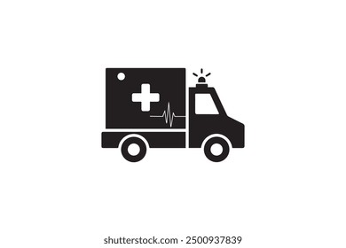 Vector illustration of an ambulance with a cross symbol inside a circular frame, representing emergency medical services and healthcare