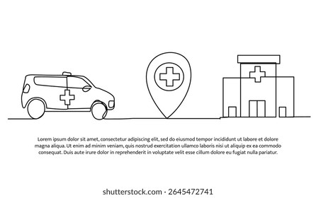 Vector illustration of ambulance to hospital location. Modern flat in continuous line style.