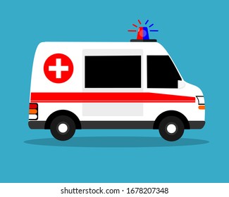 Vector illustration ambulance, white car, black glass, ambulance, emergency doctor Patient transport ambulance has a siren light on a blue background.