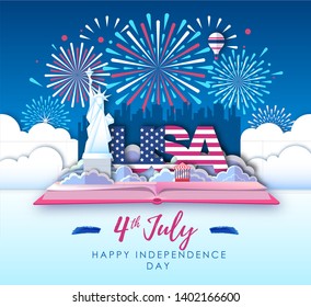 Vector illustration of America Independence day with holiday firework. Cut out paper art style design