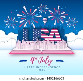 Vector illustration of America Independence day with holiday firework. Cut out paper art style design