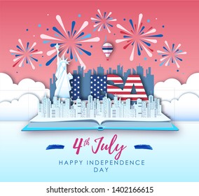 Vector illustration of America Independence day with holiday firework. Cut out paper art style design