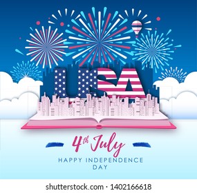 Vector illustration of America Independence day with holiday firework. Cut out paper art style design