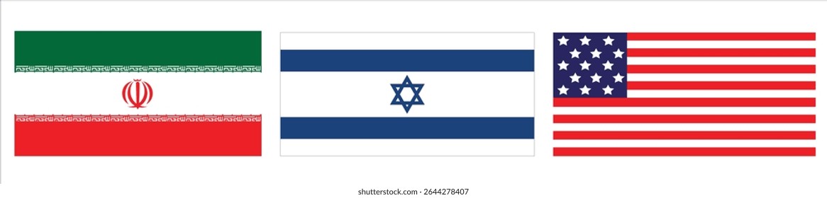 Ilustração vetorial das bandeiras dos Estados Unidos, do Irã e de Israel - representando conflitos políticos, relações internacionais, guerra, tensão global. Ideal para educação, mídia de notícias, confrontos e conteúdo geopolítico.