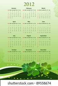 Vector illustration of American 2012 calendar for St. Patrick's Day, starting from Sundays