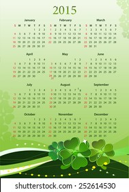 Vector illustration of American 2015 calendar for St. PatrickÃ?Â¢??s Day, starting from Sundays