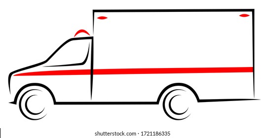 Vector illustration of an American ambulance truck car at side view. Mobile unit vehicle which helps patient with treatment and transport