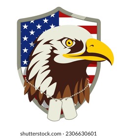 Vector illustration of American bald eagle head wearing military dog tag, American coat of arms