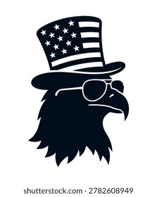 Vector illustration of american bald eagle head wearing sunglasses and top hat with stars and stripes design element.