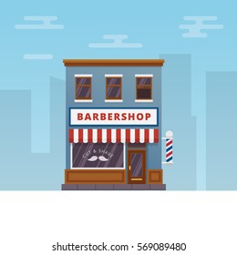 Vector illustration of American barbershop building with barbershop pole