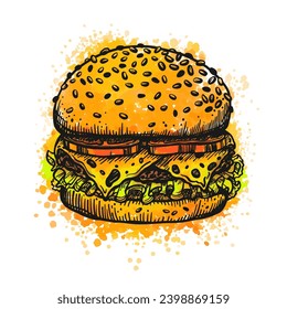 Vector illustration American burger, hamburger vintage style with colour paint isolated on white. Vintage grunge texture for packaging and fast food restaurant menu design or label decoration.
