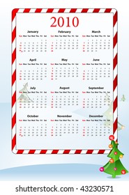 Vector illustration of American calendar with Christmas tree, starting from Sundays