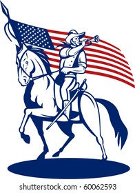 vector illustration of a American cavalry riding horse blowing a bugle and stars and stripes flag in background