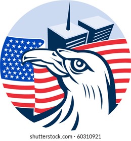 vector  illustration of an American eagle flag and twin tower building set inside circle isolated on white