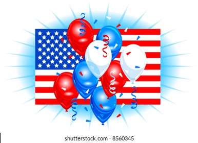 Vector Illustration of an American Flag with Balloons and Confetti