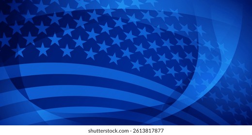 Vector illustration of the American flag featuring stars and stripes in various shades of blue, creating a modern, abstract design.