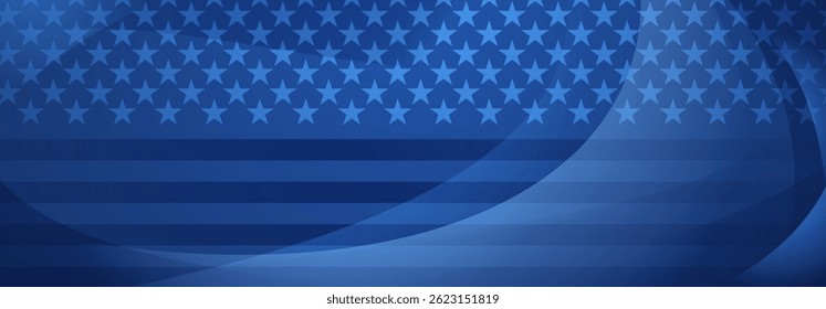 Vector illustration of the American flag featuring stars and stripes in various shades of blue colors, creating a modern, abstract design.