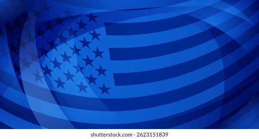 Ilustración vectorial de la bandera americana con estrellas y rayas en varios tonos de azul, creando un diseño moderno y abstracto.