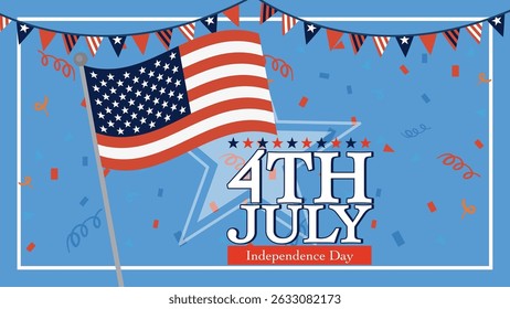 Vector illustration of American flag and festive elements for Independence Day. Bold colors, patriotic theme, and dynamic composition