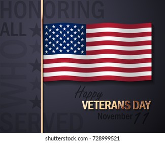Vector Illustration with American Flag and Golden Decorative Elements. The inscription "Honoring All Who Served"