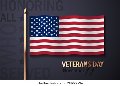 Vector Illustration with American Flag and Golden Decorative Elements. The inscription "Honoring All Who Served"