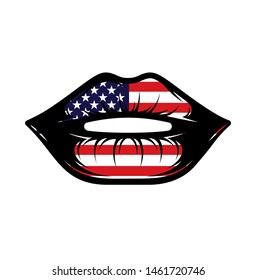 Vector illustration with american flag inside contour of human lips.