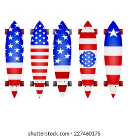 Vector illustration of american flag longboards. Leaf form wooden longboards vector collection. American flag variations decor. Set of isolated illustrations on white background.