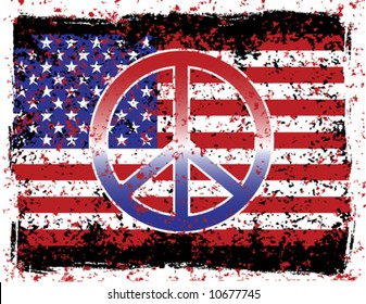 A vector illustration of the American flag and peace symbol with grunge effects. Separate layers for easy editing.