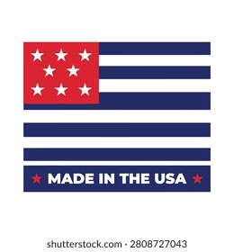 Vector illustration of an American flag with seven stars and a 'Made in the USA' text banner on a white
