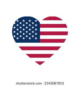 Ilustración vectorial de la bandera americana en forma de corazón aislado sobre fondo blanco.	