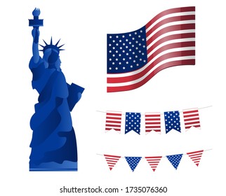 Vector illustration of American flag and USA statue of liberty isolated on white background. The national symbol of America.