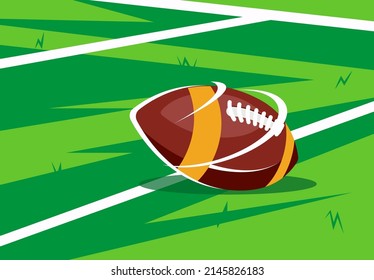 vector illustration of an American football ball lying on the green lawn of a football field