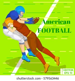 Vector illustration. American football. A collision of players. Quarterback attak offensive