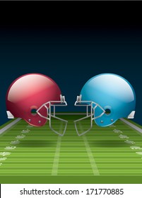 A vector illustration of an American Football field and helmets. EPS 10. File contains transparencies. Gradient mesh only used in the shadows below the helmets on the field. File is layered.