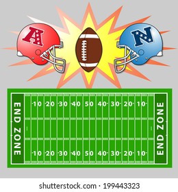 A vector illustration of an American Football field and helmets. 