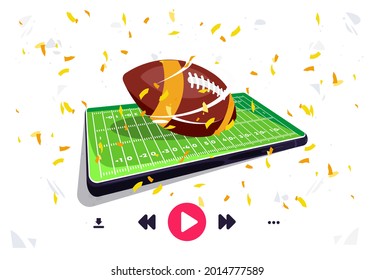 Vector illustration of an American football field on a mobile phone screen, a football ball lies in the center of a football field, online broadcast using a player via a smartphone, golden confetti