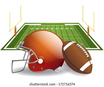 Vector illustration of american football helmet and ball on a field. Vector EPS 10. EPS file contains transparencies and gradient mesh in dropshadows.