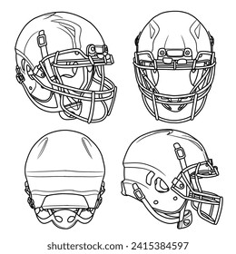 Vector Illustration American football helmet hand drawn line art sketch, doodle vector sketch illustration, various view, suitable for your football helmet, isolated on white background.