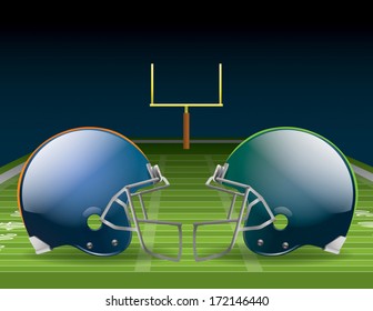 Vector illustration of american football helmets on a field. EPS 10. File contains transparencies and gradient mesh.