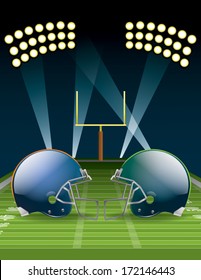 Vector illustration of american football helmets on a field. EPS 10. File contains transparencies and gradient mesh.