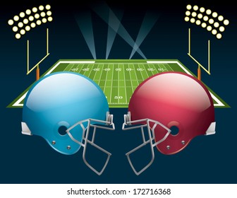 Vector illustration of american football helmets on a field. Vector EPS 10. EPS file contains transparencies.