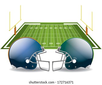 Vector illustration of american football helmets on a field. Vector EPS 10. EPS file contains transparencies and gradient mesh in the dropshadows.