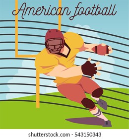 Vector illustration of american football player running with ball on field. Sport concept design element. Football uniform, helmet and protection. American football lettering.